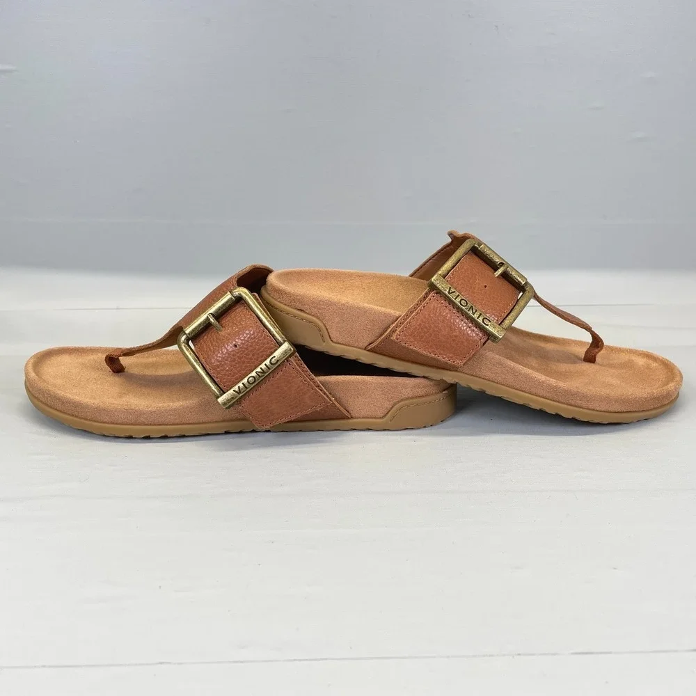 Vionic Emma Sandals Womens Size 6 Wide Tan Brown Pebbled Leather Flip Flop Shoes